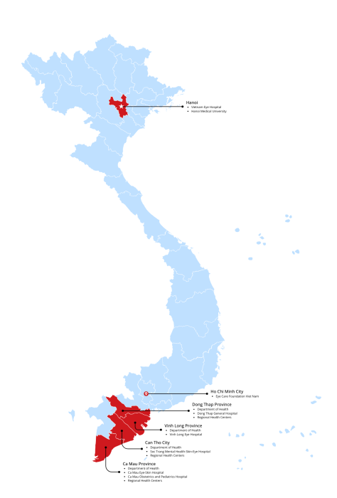 Vietnam landkaart met projectlocaties en partners