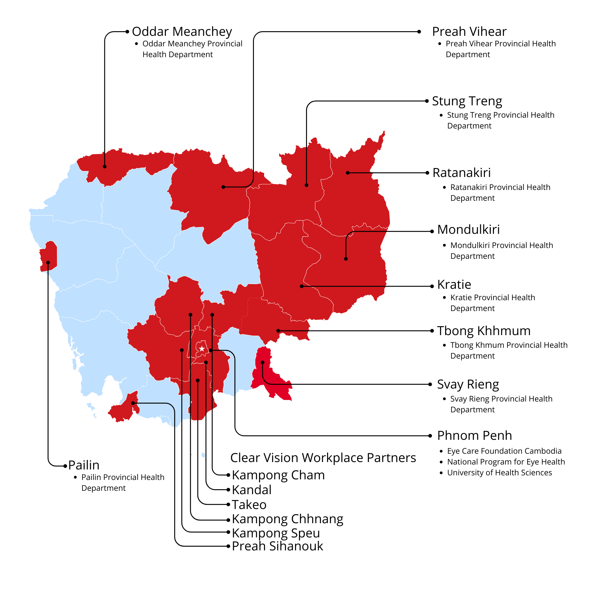 Landkaart Cambodja met projectlocaties en partners